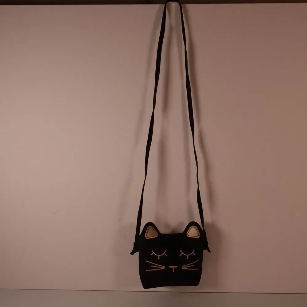 Cute Black Cat Crossbody Bag Little Girls Purse Black Gold with Cat Keychain